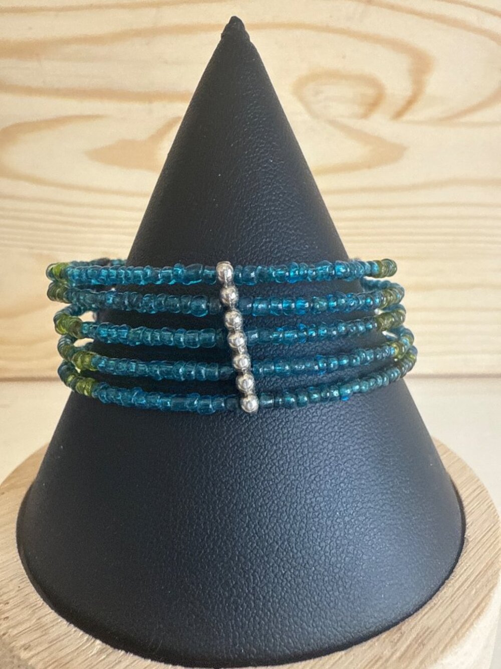 Beaded Wrap Bracelet With Silver Accents Adjustable Size Blue & Green